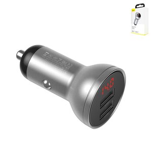 Автомобильное зарядное устройство Baseus Digital Display Dual SCP, серебристое, с дисплеем, 4,8 А, 2 порта, 12 24 B, #CCBX 0S