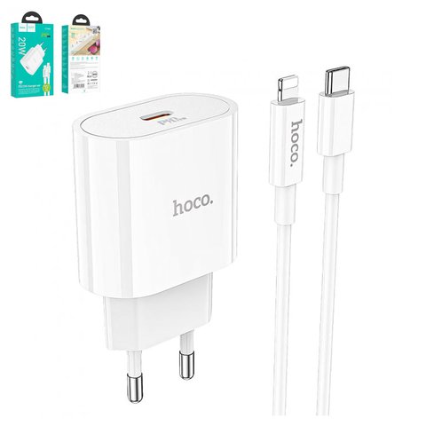 Adaptador de red Hoco C94A, 20 W, Power Delivery PD , Fast Charge, blanco, con cable USB tipo C Lightning para Apple, 1 puerto, #6931474762184