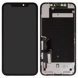 Дисплей для iPhone 11, черный, с рамкой, переклеено стекло, с пластиками камеры и датчика приближения, LG version