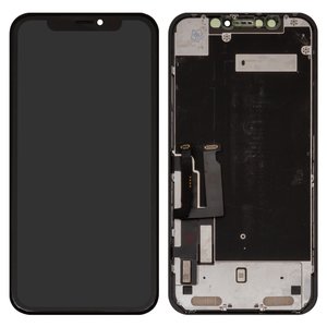 LCD compatible with iPhone XR, black, with frame, change glass, with camera and proximity sensor plastics, Toshiba Sharp version 
