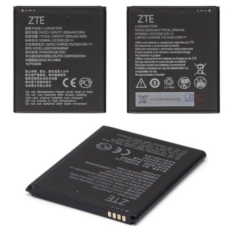 Batería Li3820T43P4h695945 puede usarse con ZTE Blade A3 2019 , Blade A31 Lite, Blade L8, Blade L9, Li ion, 3.8 V, 2050 mAh, Original PRC 