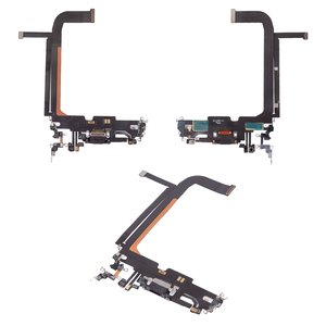 Шлейф для iPhone 13 Pro Max, конектора зарядки, чорний, з мікрофоном, з компонентами, High Copy, graphite