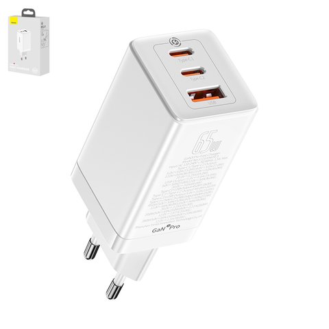 Сетевое зарядное устройство Baseus GaN3 Pro, 65 Вт, Quick Charge, 220 В, белый, c кабелем USB тип C к USB тип C, 3 порта, #CCGP050102