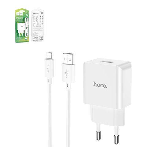 Мережевий зарядний пристрій Hoco C106A, 220 В, білий, з кабелем Lightning для Apple, 1 порт, #6931474783899