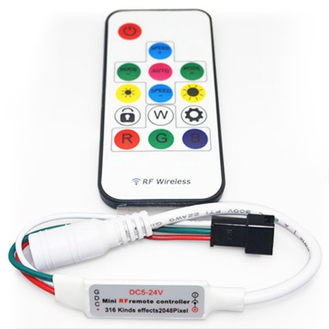 Controlador LED con control remoto por radio SP103E (RGB, WS2801, WS2811, WS2812, WS2813 5-24 V)